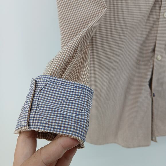 Tommy Hilfiger Tan Gingham Checkered Button Down Shirt Mens XS Preppy Work - Picture 2 of 11